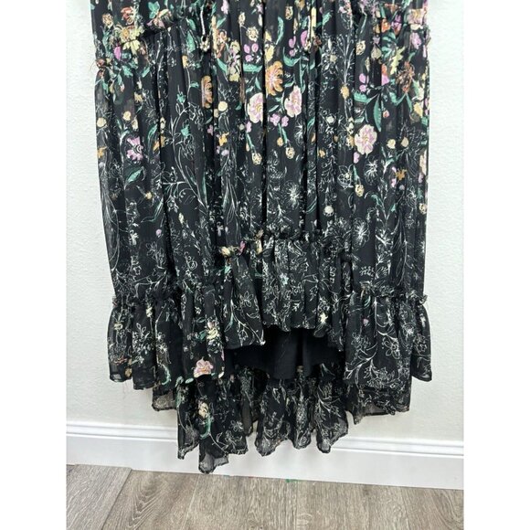 Free People Cassis Printed Chiffon Midi Dress Flowy Ruffles Floral Black Small - Picture 4 of 12
